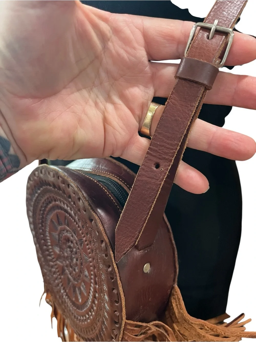 Hand tooled canteen round leather fringe bohemian style crossbody bag
